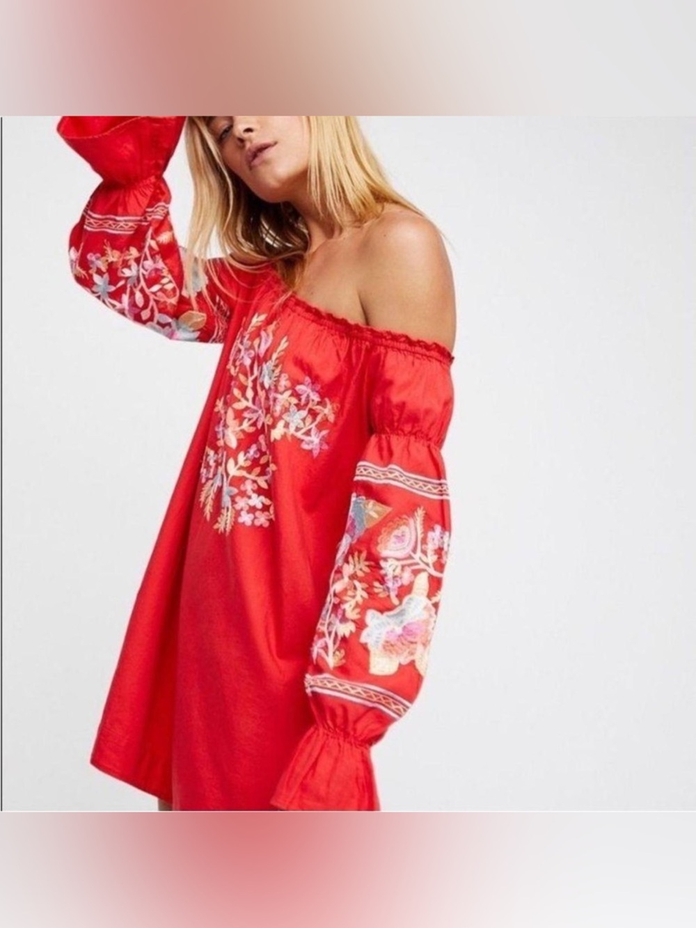 Free People Fleur Du Jour Red Off The Shoulder Embroidered Boho Dress